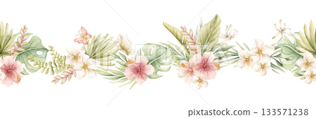 Monstera Palm Leaves Hibiscus Plumeria Flowers seamless border. Tropical Exotic plants. Watercolor hand painted summer pastel neutral isolated illustration on white background for nursery kids baby Monstera Palm Leaves Hibiscus Plumeria Flowers seamless border. Tropical Exotic plants. Watercolor hand painted summer pastel neutral isolated illustration on white background for nursery kids baby 133571238