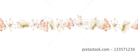 Cute Butterfly Dragonfly Insects Seamless Border. Watercolor hand painted summer pastel neutral isolated illustration on white background for nursery kids baby shower card whimsical mystery princess 133571239