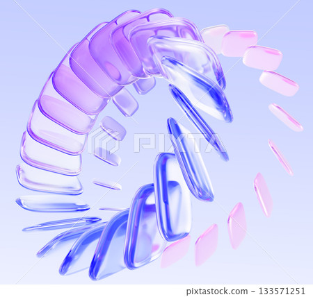 Abstract 3d glass ring background - dynamic circular effect of crystal holographic square plate shapes with purple pink neon gradient on pastel light blue bg. Geometric block pattern. 3D illustration 133571251