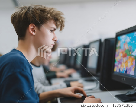 Young male student in blue shirt focusing on computer screen during lesson, learning information technology skills in a row of monitors at a modern classroom lab 133571396
