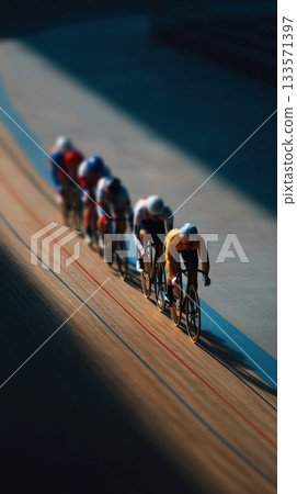 Cyclists racing on a velodrome track, exhibiting intense speed and competition during a track cycling event rendered with a distinctive miniature tilt shift effect Cyclists racing on a velodrome track, exhibiting intense speed and competition during a track cycling event rendered with a distinctive miniature tilt shift effect 133571397
