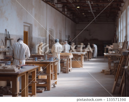 Artisans in a historic studio shape clay and plaster into busts and sculptures, applying traditional techniques and focused craftsmanship to create detailed handmade fine art pieces 133571398