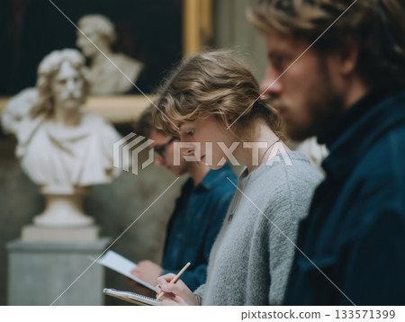 Young art students concentrating and sketching classical sculptures in a museum or gallery, learning art history and developing drawing skills in an educational setting 133571399