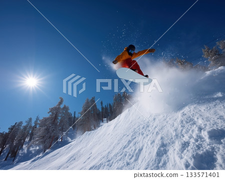 Snowboarder performing an air trick and freestyle jump above a snow covered mountain slope on a sunny winter day, enjoying extreme sport and outdoor adventure 133571401