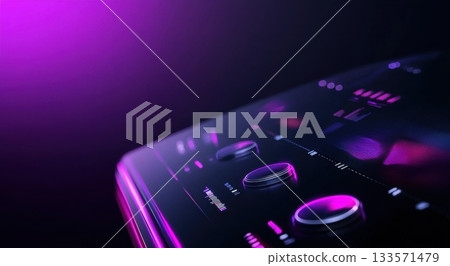 Futuristic control panel with glowing purple neon lights illuminating knobs, buttons, and digital displays, creating a high tech and modern atmosphere 133571479