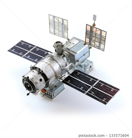 Space station with solar panel wings isolated on white. 133571604