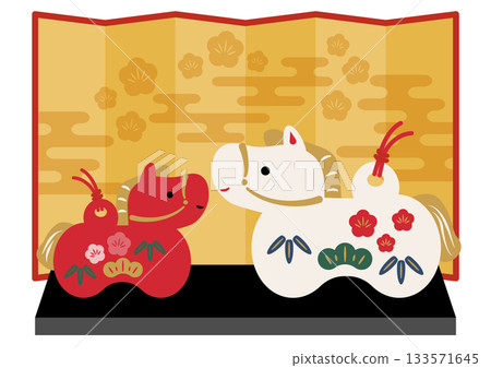 Zodiac ornaments of the horse and gold folding screen, red and white Zodiac ornaments of the horse and gold folding screen, red and white 133571645