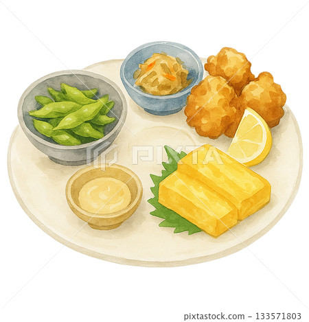 Watercolor illustration of assorted snacks: edamame, fried chicken, and omelet 133571803