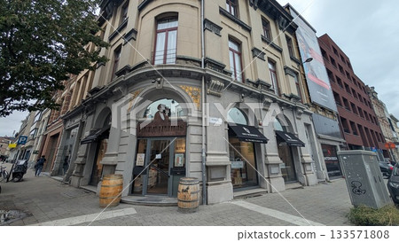 Wine shop exterior with barrels in Antwerp 133571808