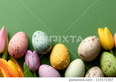 Happy Easter. Colorful eggs with tulips on green background, space for text or advertising 133571907