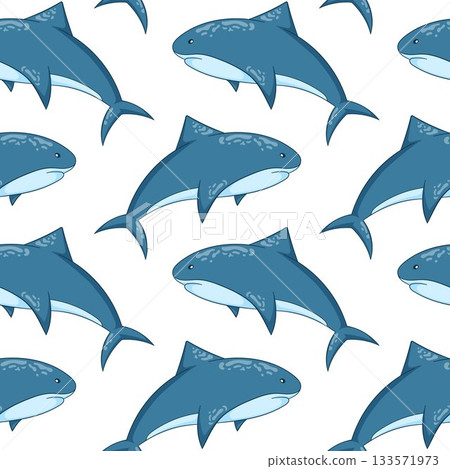 Seamless pattern of cartoon style shark swimming on a white background for marine and ocean summer design. Seamless pattern of cartoon style shark swimming on a white background for marine and ocean summer design. 133571973