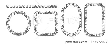 Greek doodle frames set. Hand drawn roman circle, oval and rectangle frame. Greek or Roman ancient motif border design. Ancient ornament elements. Vector illustration isolated on white background 133572027