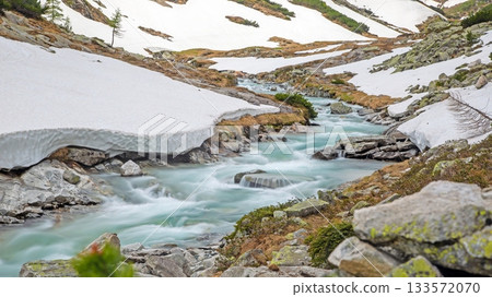 Alpine meltwater river winding through snowy mountain valley Alpine meltwater river winding through snowy mountain valley 133572070