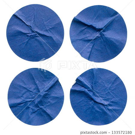 Blank blue round adhesive paper sticker label set isolated on white background 133572180
