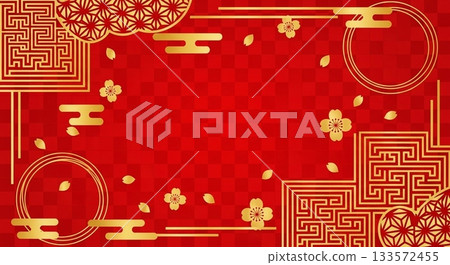 精美的日式邊框背景，飾以傳統的紅色和金色圖案。 133572455