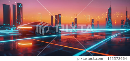 Electric car charging in futuristic city at sunset 133572664