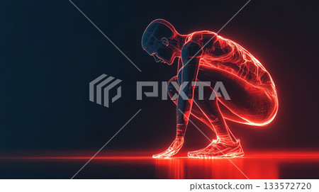 digital athlete in crouched position, showcasing muscle tension and energy 133572720