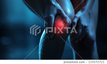 Knee pain relief with hands holding sore joint in dark setting 133572721