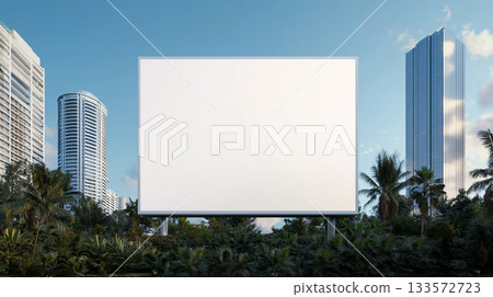 large digital billboard stands amidst modern skyscrapers and lush greenery 133572723