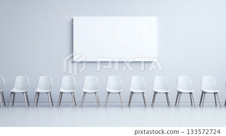 Minimalist white chairs lined up against blank wall in spacious area 133572724