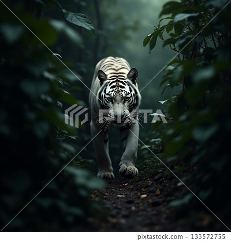 White Tiger prowls through Jungles Emerald Depths Generative AI 133572755
