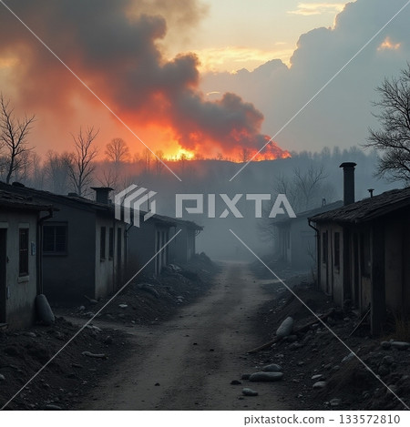 Darkness and light amid the flames in a quiet village Generative AI Darkness and light amid the flames in a quiet village Generative AI 133572810