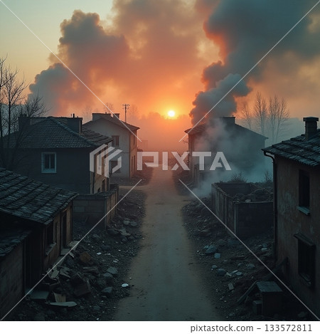 Smoke rises as the sun sets over an abandoned village Generative AI 133572811