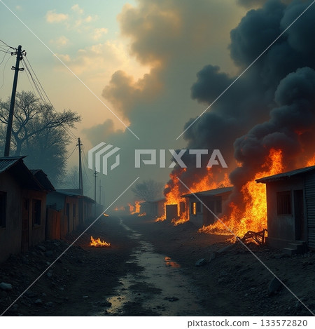Flames engulf buildings during a devastating fire near town Generative AI Flames engulf buildings during a devastating fire near town Generative AI 133572820