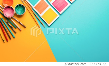 Colorful art supplies on vibrant background, perfect for creativity Colorful art supplies on vibrant background, perfect for creativity 133573133