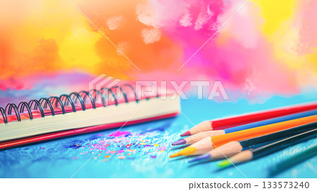 Colorful sketchbook with vibrant pencils on bright artistic background 133573240