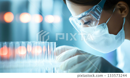 Laboratory technician examining test tubes with precision and care 133573244