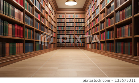 Rows of neatly organized bookshelves in classic library setting 133573311