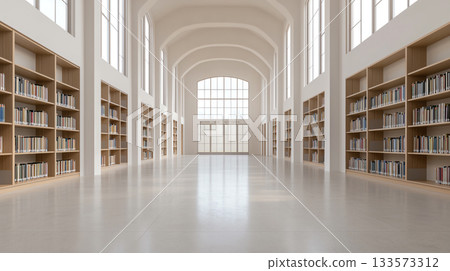 Spacious library hall with natural light filtering through large windows 133573312