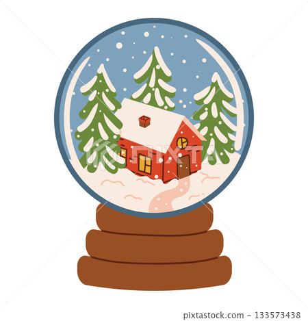 Cute Christmas snow globe with a tiny house and fir trees inside, drawn in flat cartoon style. Cute Christmas snow globe with a tiny house and fir trees inside, drawn in flat cartoon style. 133573438