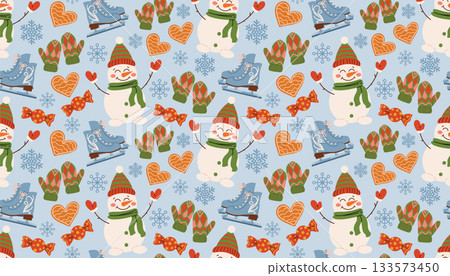 Cute flat cartoon Christmas pattern with gingerbread hearts, snowman, mittens, candies, ice skates, snowflakes. Cute flat cartoon Christmas pattern with gingerbread hearts, snowman, mittens, candies, ice skates, snowflakes. 133573450