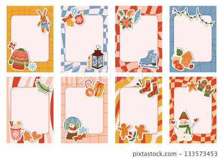 Groovy Christmas note page set with cartoon festive frames of stickers like fir branch, snowman, bell, candy cane, gift box, plush bunny, gingerbread cookie. Groovy Christmas note page set with cartoon festive frames of stickers like fir branch, snowman, bell, candy cane, gift box, plush bunny, gingerbread cookie. 133573453