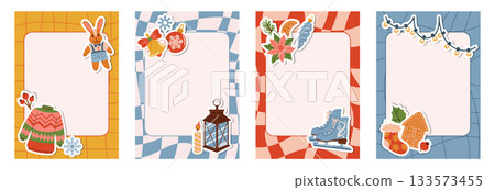 Groovy Christmas note page with cartoon festive frame like winter sweater, lamp, plush bunny, gingerbread house, bell, snowflakes. 133573455