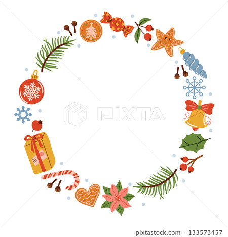 A round Christmas frame with cartoon festive elements like fir branch, bell, candy cane, gift box, gingerbread cookie, snowflake. 133573457
