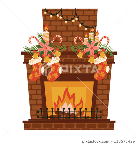 A cute Christmas fireplace with a burning fire and decor with stockings, wreaths of Christmas tree branches with bells. A cute Christmas fireplace with a burning fire and decor with stockings, wreaths of Christmas tree branches with bells. 133573459