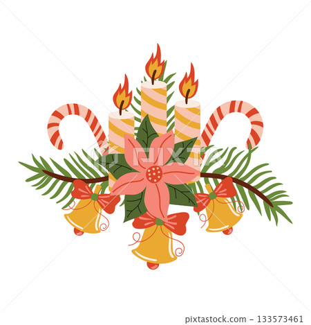 Cute Christmas wreath with fir branches, candy cane, bell, Poinsettia flower, and candles in flat cartoon style. Cute Christmas wreath with fir branches, candy cane, bell, Poinsettia flower, and candles in flat cartoon style. 133573461