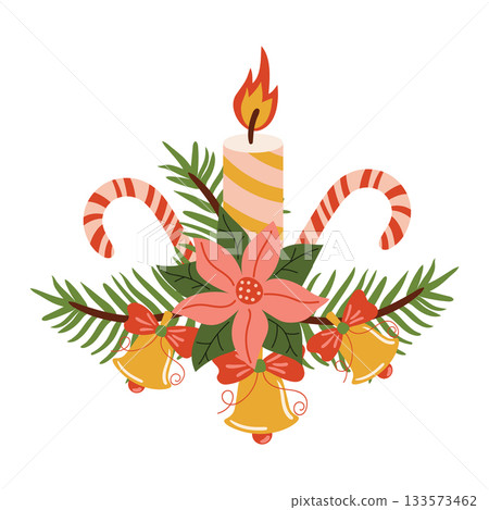 Festive Christmas wreath with fir branches, candy cane, bells, Poinsettia flower, and burning candle in flat cartoon style. Festive Christmas wreath with fir branches, candy cane, bells, Poinsettia flower, and burning candle in flat cartoon style. 133573462