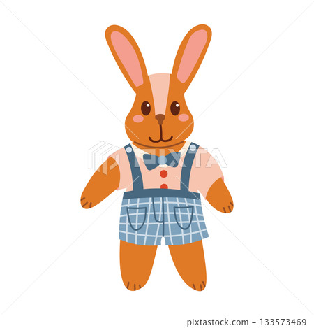 Cute plush bunny with a bow tie, dressed in a T-shirt and blue plaid pants, drawn in flat cartoon style. Cute plush bunny with a bow tie, dressed in a T-shirt and blue plaid pants, drawn in flat cartoon style. 133573469