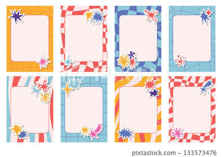 Set of retro checkered and striped note sheets, cards with frames and with stickers of irregular star and sparkle collage shapes. 133573476