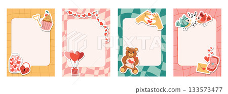Groovy retro note sheets and cards in checkered and striped style with cute Valentines Day stickers. 133573477
