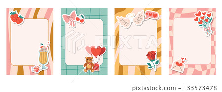 Groovy retro note sheets and cards in colorful checkered and striped style with Valentines Day stickers. Groovy retro note sheets and cards in colorful checkered and striped style with Valentines Day stickers. 133573478