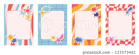 Retro note sheets and cards with checkered and striped patterns paired with irregular star and sparkle collage stickers. Retro note sheets and cards with checkered and striped patterns paired with irregular star and sparkle collage stickers. 133573481