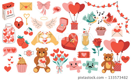 Set of cute cartoon elements for happy Valentines Day with hearts, angel wings, gifts, teddy bears, roses, birds. Set of cute cartoon elements for happy Valentines Day with hearts, angel wings, gifts, teddy bears, roses, birds. 133573482
