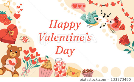 Happy Valentines Day horizontal card with organic halftone frame, festive text and cute holiday elements like hearts, gifts, teddy bear, roses. 133573490