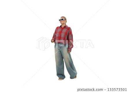 Woman flaunts trendy casual fashion, isolated on white, PNG 133573501