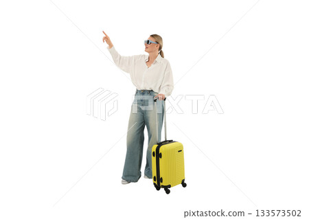 Woman with suitcase gestures outdoors, isolated on white, PNG 133573502